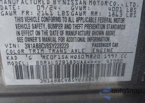 2025 Nissan Sentra Sv из США, поврежденный, VIN 3N1AB8CV8SY228229